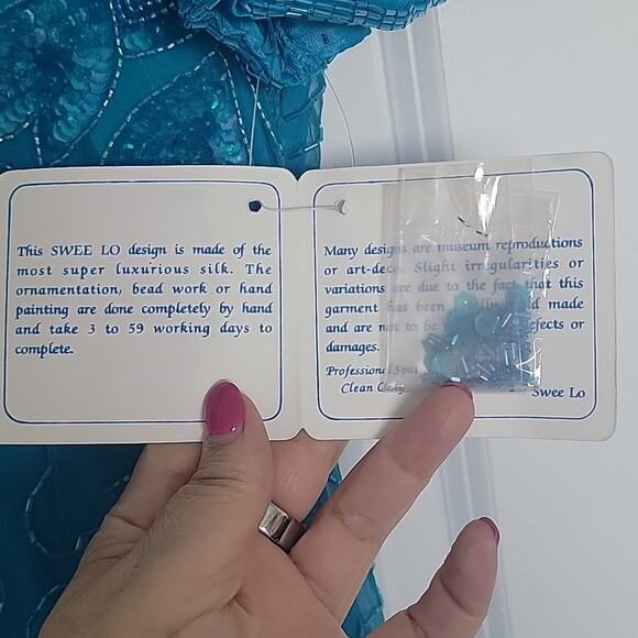 NWT Swee Lo Vintage 80s Deadstock Silk Beaded Turquoise Dress, L (10-12) - Picture 11 of 11